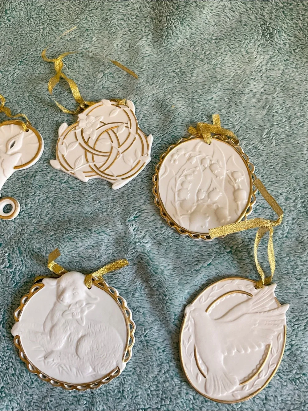 1974 Ceramic Christmas Religious Hanging Ornament Set 8 White/Gold